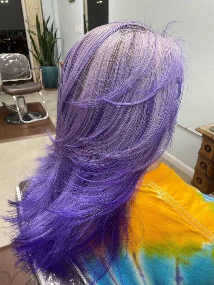 Hair colored in bright violet with a panel of yellow underneath.